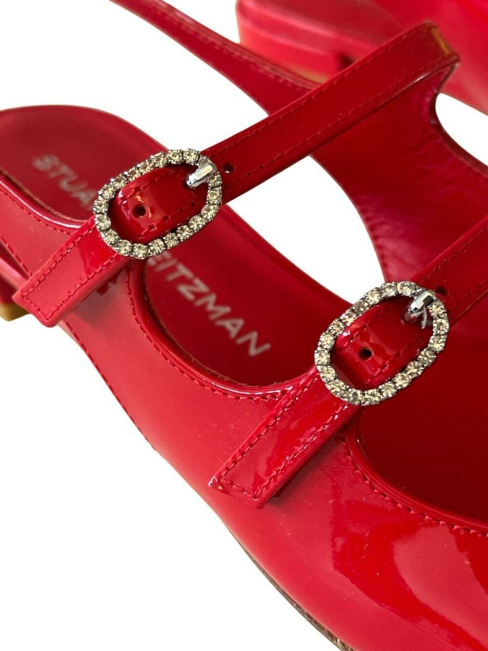 Stuart Weitzman $475 Claris Red Patent Leather Rhinestone Slingback Size 8 NEW - Picture 2 of 9